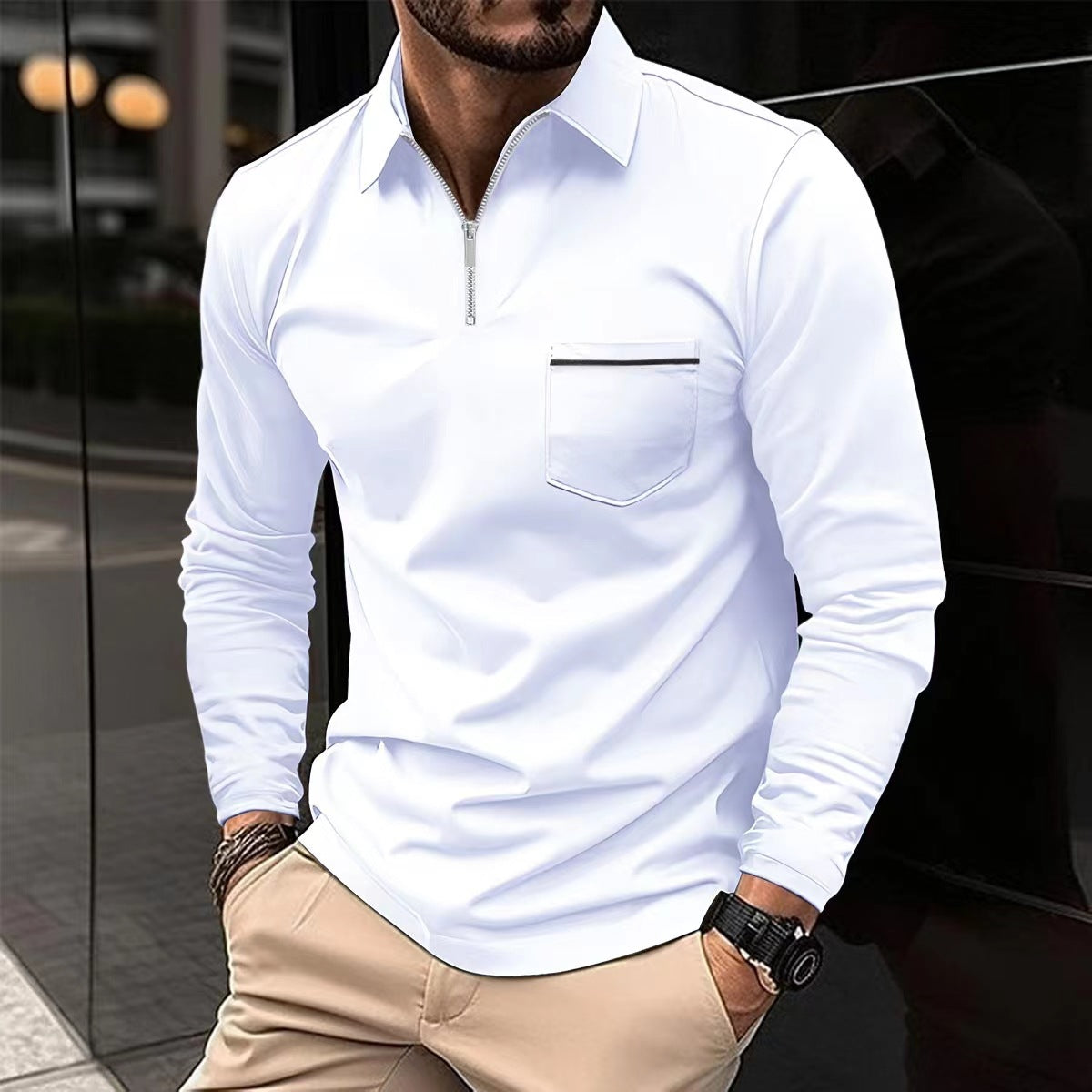 Men's Autumn Zipper Polo Shirt – Long Sleeve Cotton Blend Casual Top
