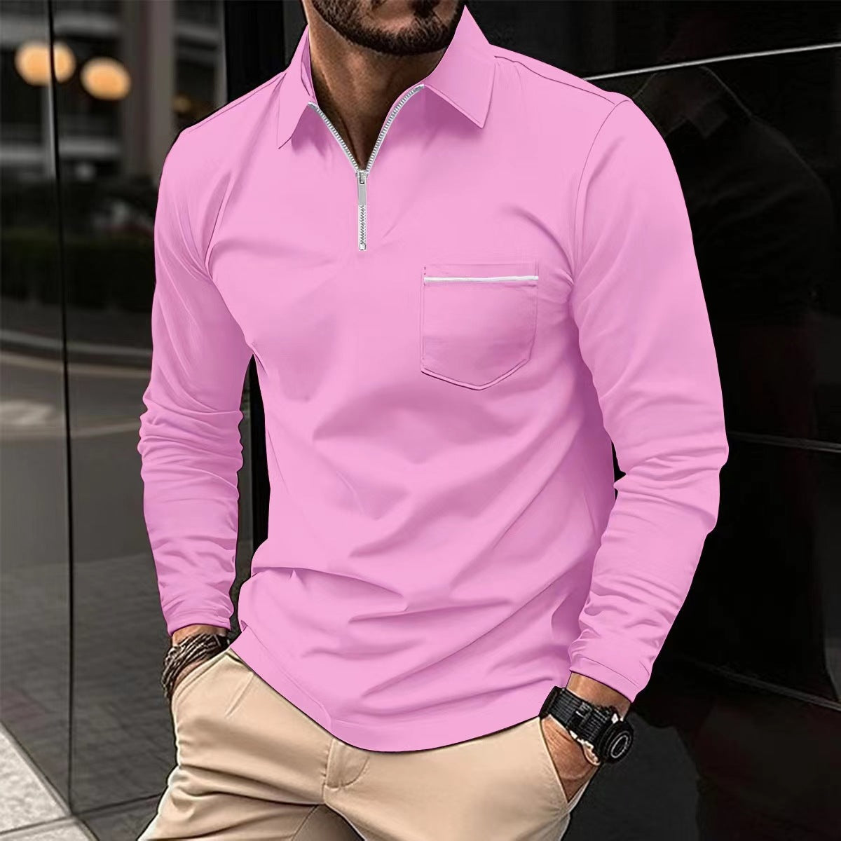 Men's Autumn Zipper Polo Shirt – Long Sleeve Cotton Blend Casual Top
