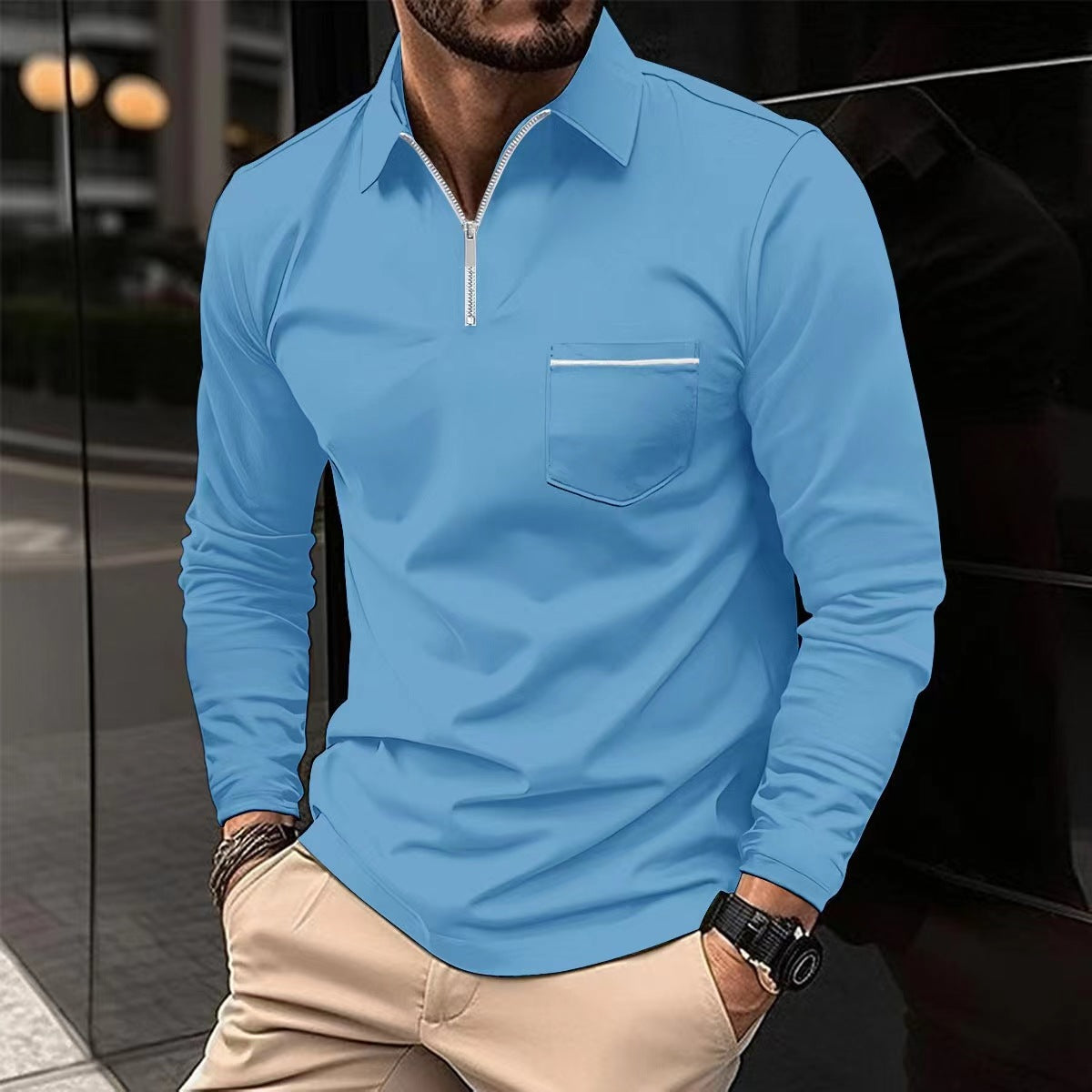 Men's Autumn Zipper Polo Shirt – Long Sleeve Cotton Blend Casual Top