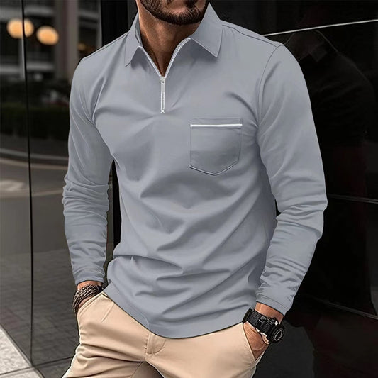 Men's Autumn Zipper Polo Shirt – Long Sleeve Cotton Blend Casual Top