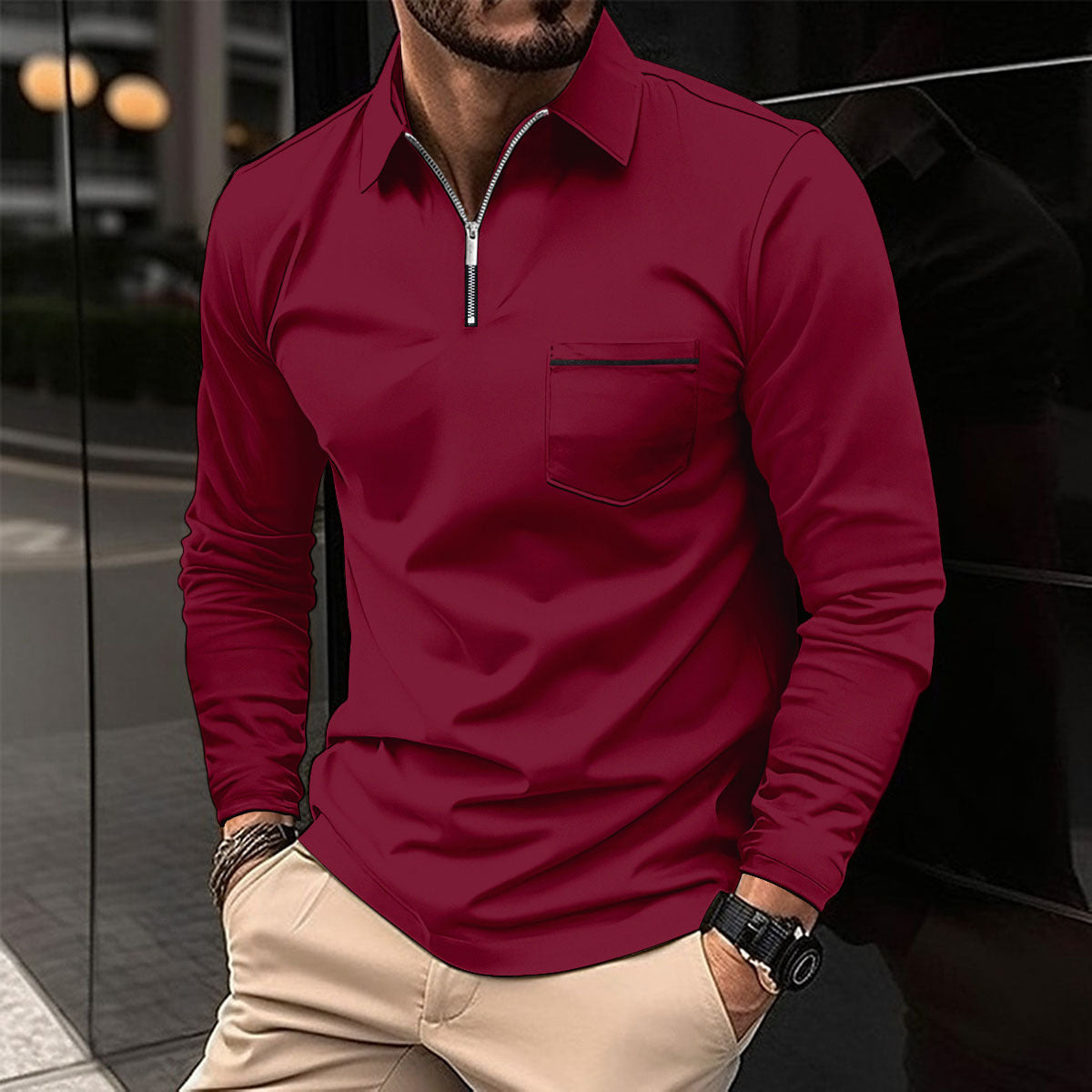 Men's Autumn Zipper Polo Shirt – Long Sleeve Cotton Blend Casual Top