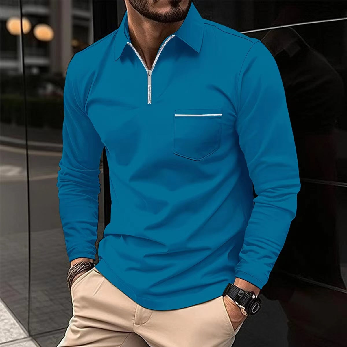 Men's Autumn Zipper Polo Shirt – Long Sleeve Cotton Blend Casual Top