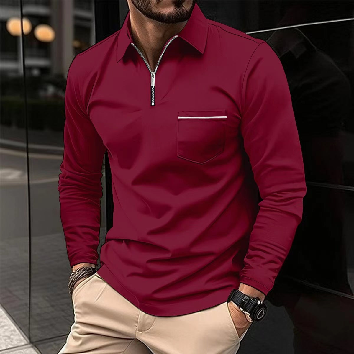 Men's Autumn Zipper Polo Shirt – Long Sleeve Cotton Blend Casual Top